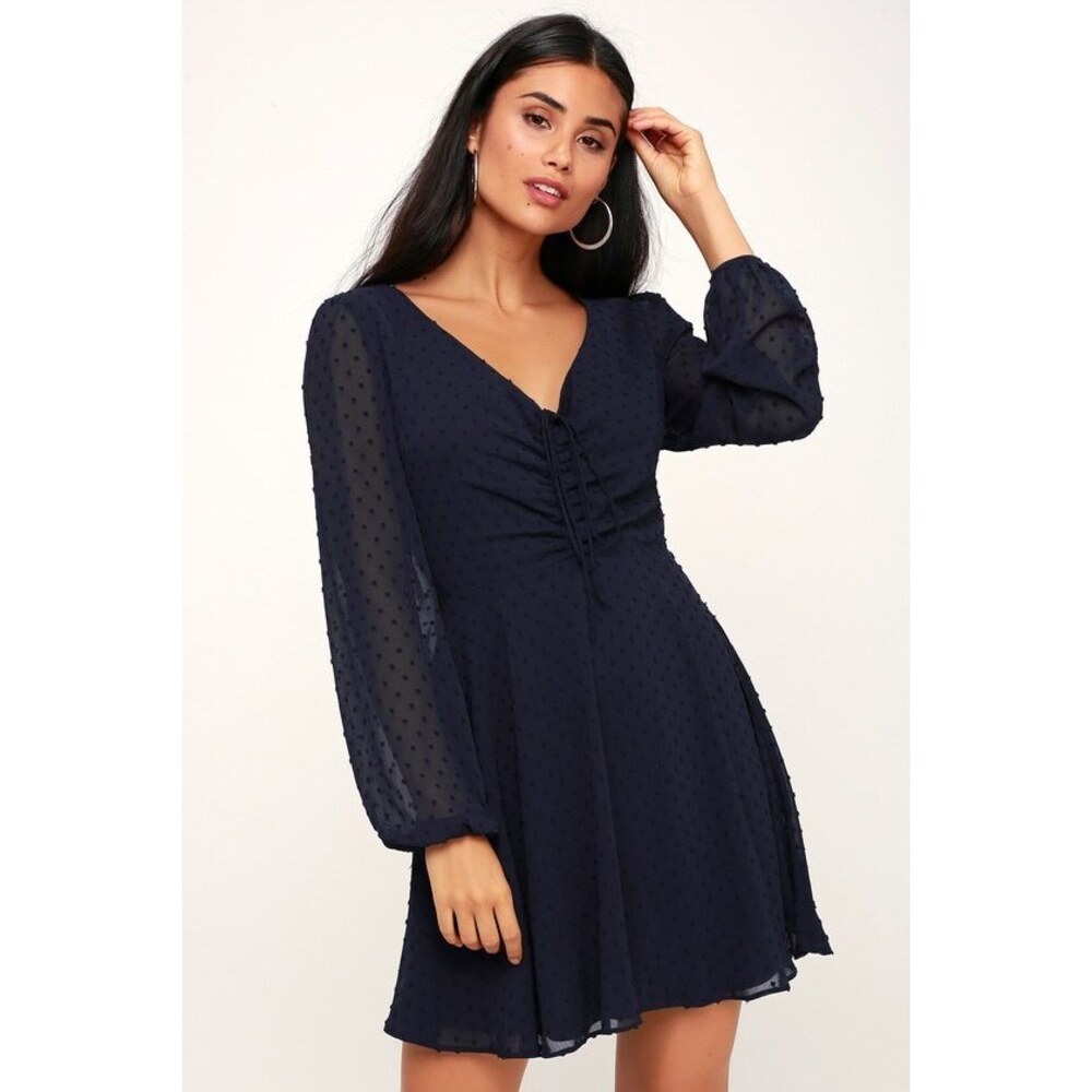 Lulus Wine And Dine Navy Blue Swiss Dot Long Sleeve Skater Dress - Size XS